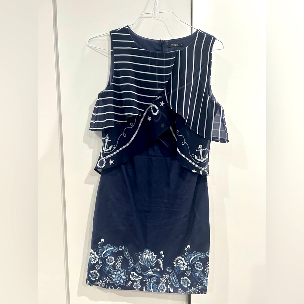Desigual Women Dress Navy Blue White Sailor Flowers Size EU 38 US 6